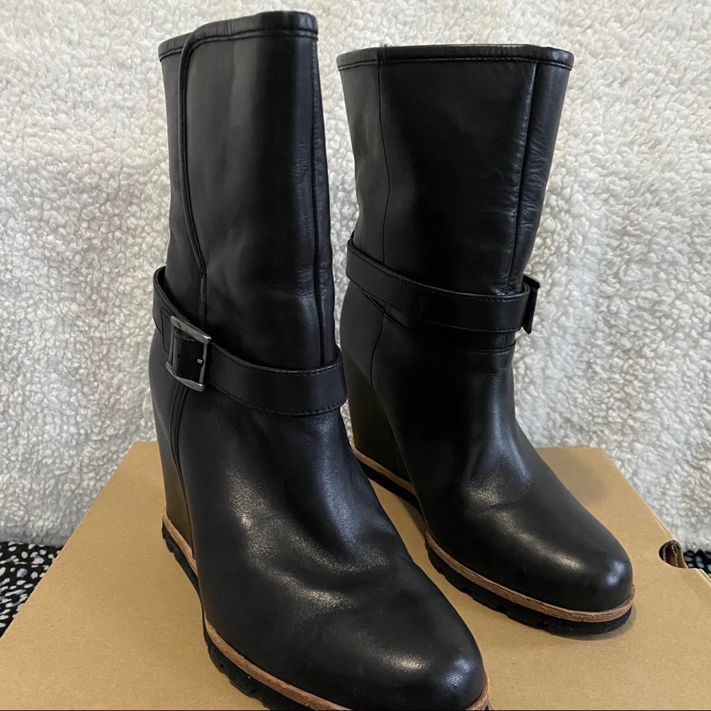 UGG Black Leather Wedge Heeled Boots
